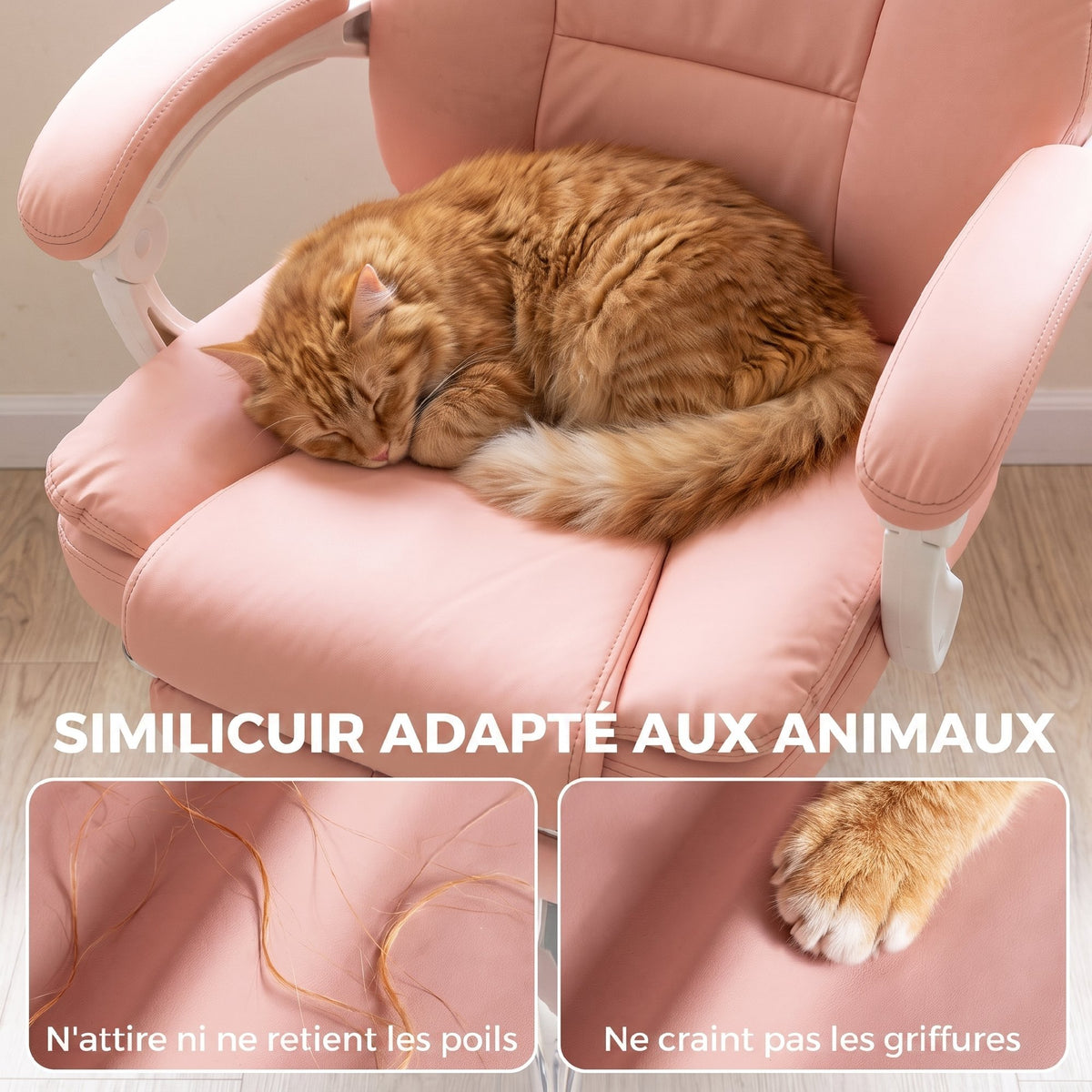 Chaise Bureau Ergonomique, Fauteuil de Bureau Inclinable en Cuir Synthétique Adapté aux Animaux, Hauteur Réglable, Rose