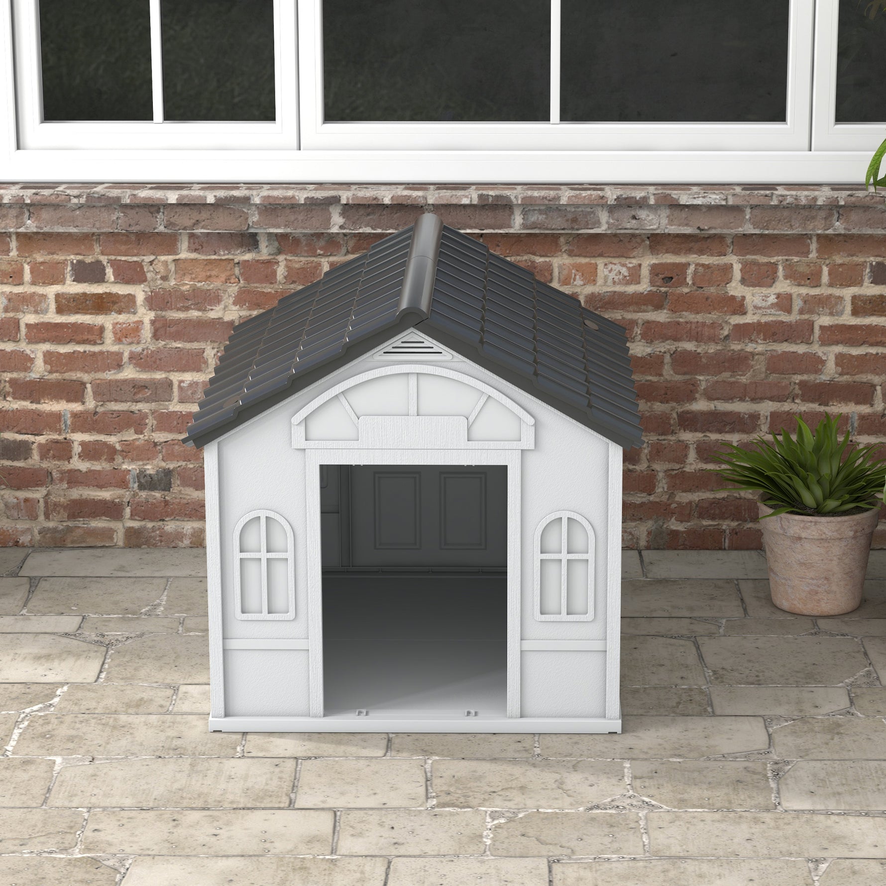 Niche pour Chien Extérieur avec Toit en Pente et Porte Avant Ouverte, pour Chiens Moyens et Grands, 84,2x98,2x82cm, Gris