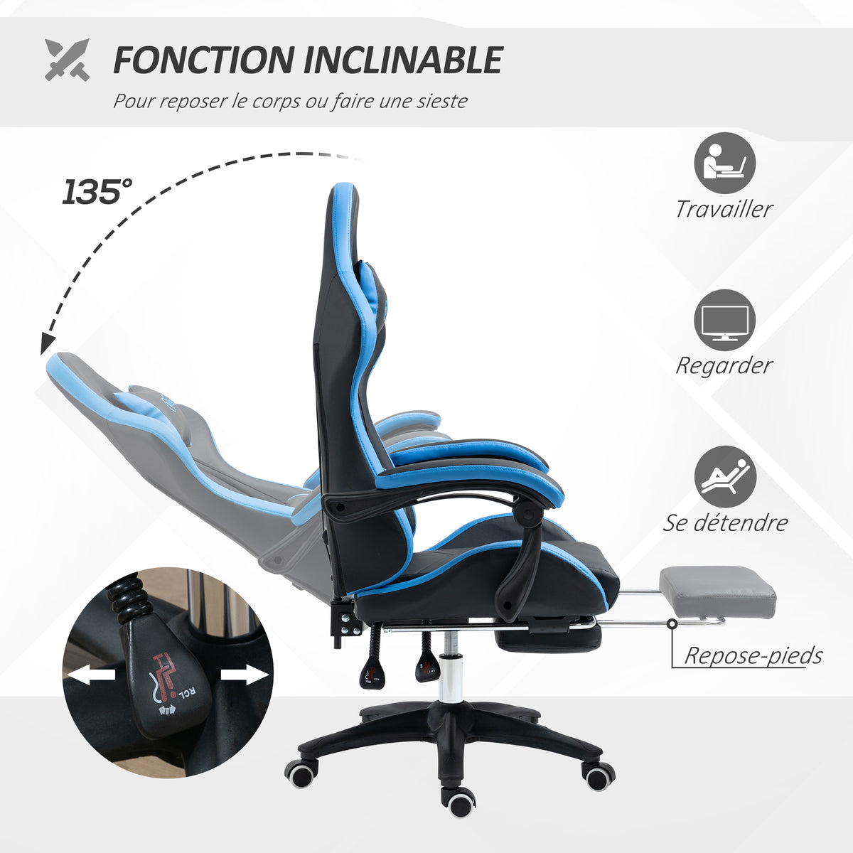 Sedia gaming poltrona da gaming ergonomica con schienale reclinabile a 135° e supporto lombare, 65 x 65 x 121-129 cm nero