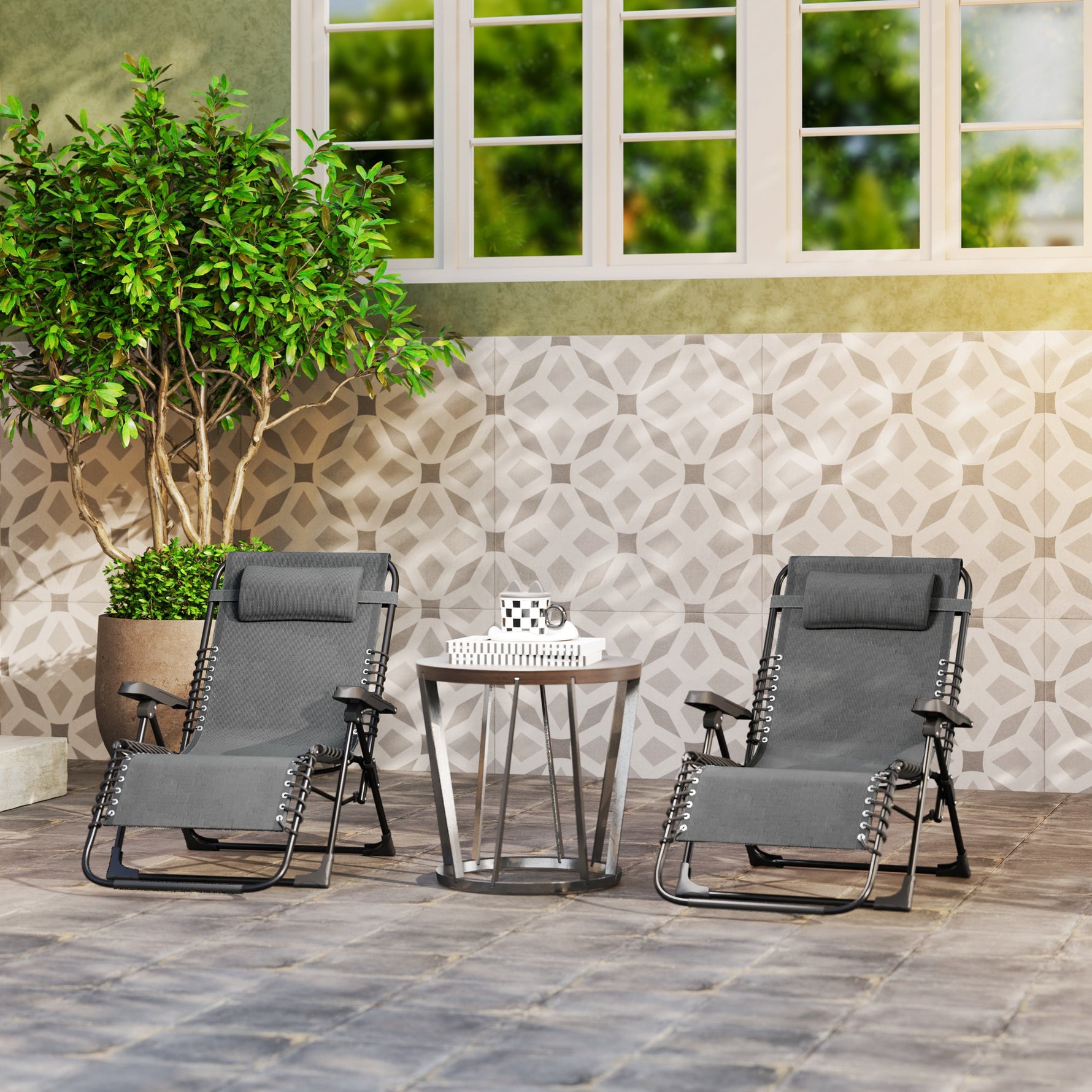 Lot de 2 bain de soleil, chaise longue pliante inclinable avec appuie-tête en textilène, 90 x 65 x 112 cm, gris