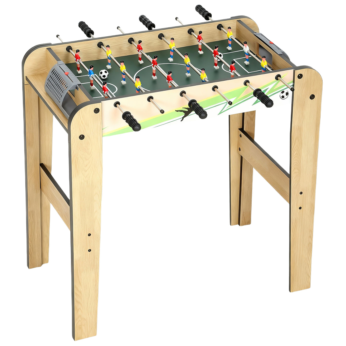 Haurrentzako Futbolin 18 Jokalari 2 Pilota, 360°-ko Barrak, Helduleku Irristagaitzak, Markagailuak, 75x66x75cm, Egur Naturala