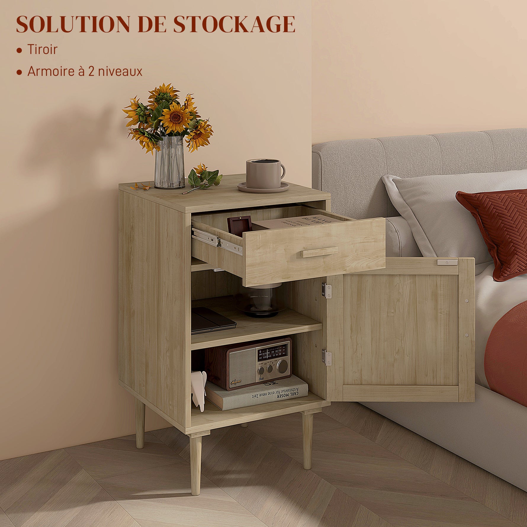 Lot de 2 tables de chevet avec placard et étagère porte rotin tissé 1 tiroir design bohème - 40 x 40 x 68,5 cm naturel
