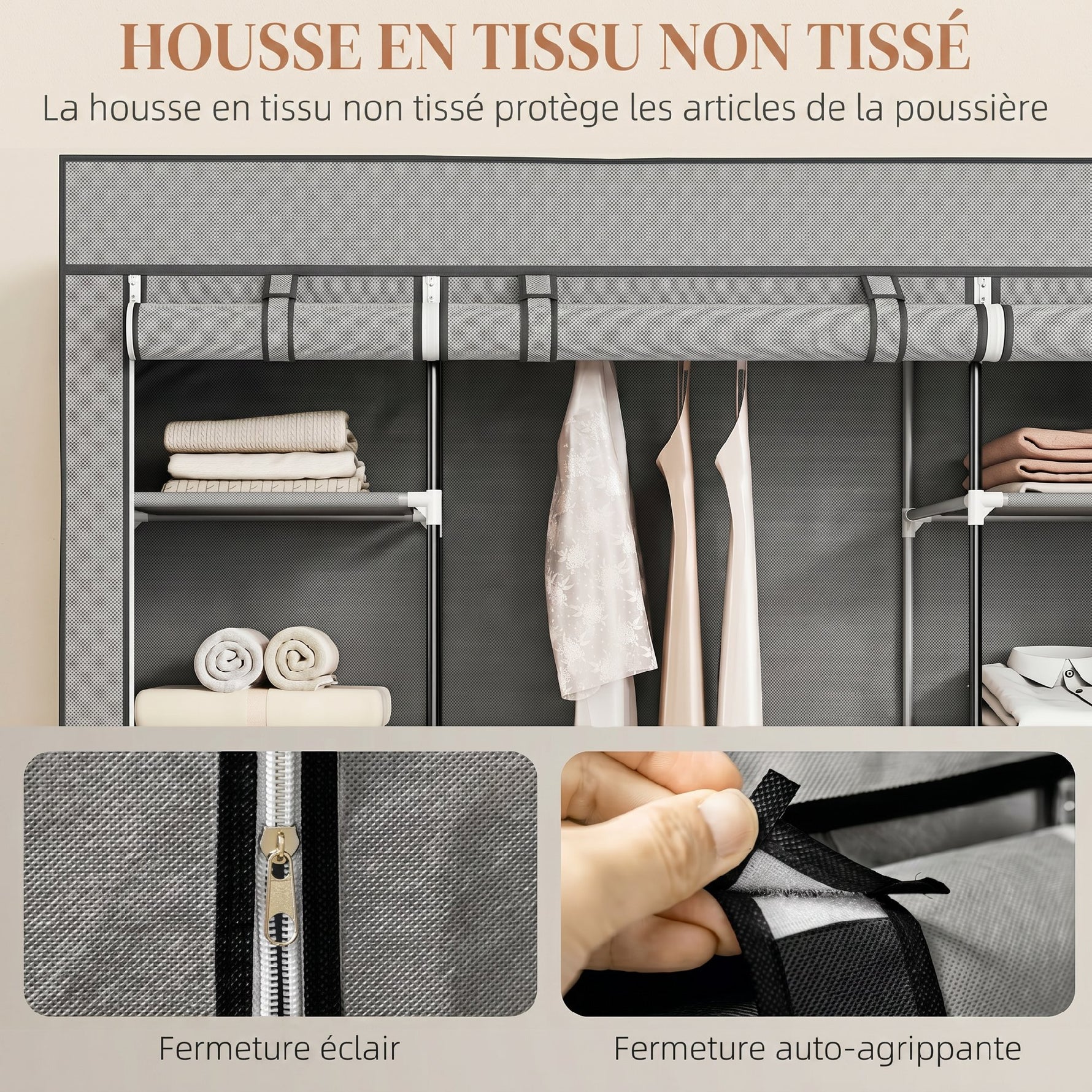Armoire de rangement penderie en tissu pliable avec barre de suspension et étagères, 150 x 43 x 162,5 cm, gris clair