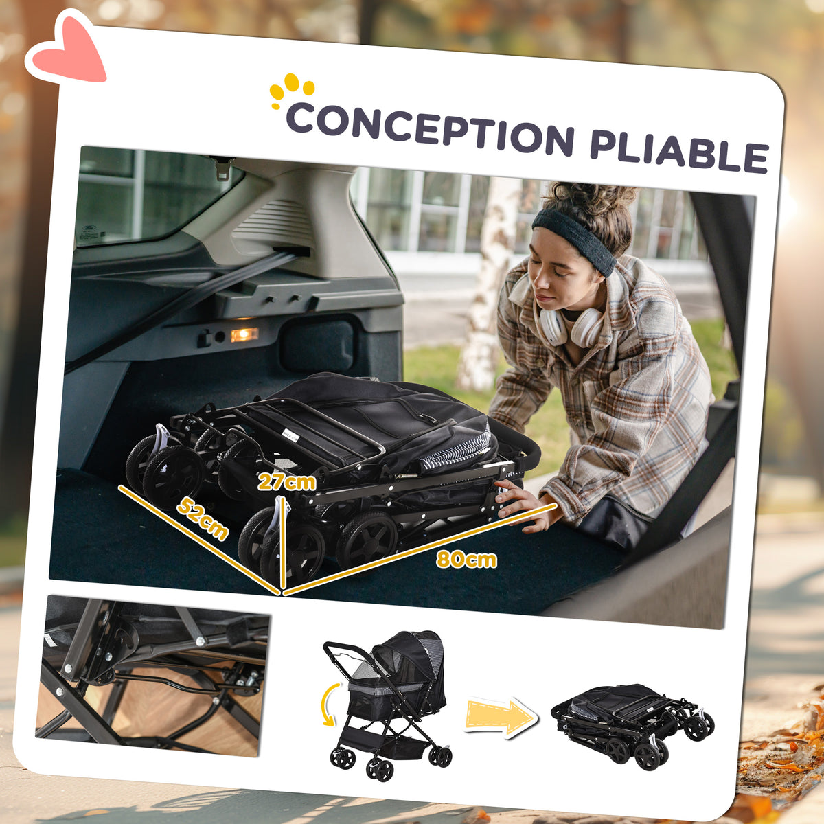 Poussette pour chien animaux de compagnie pliable 4 roues EVA guidon réglable panier 76,5 x 52 x 95 cm