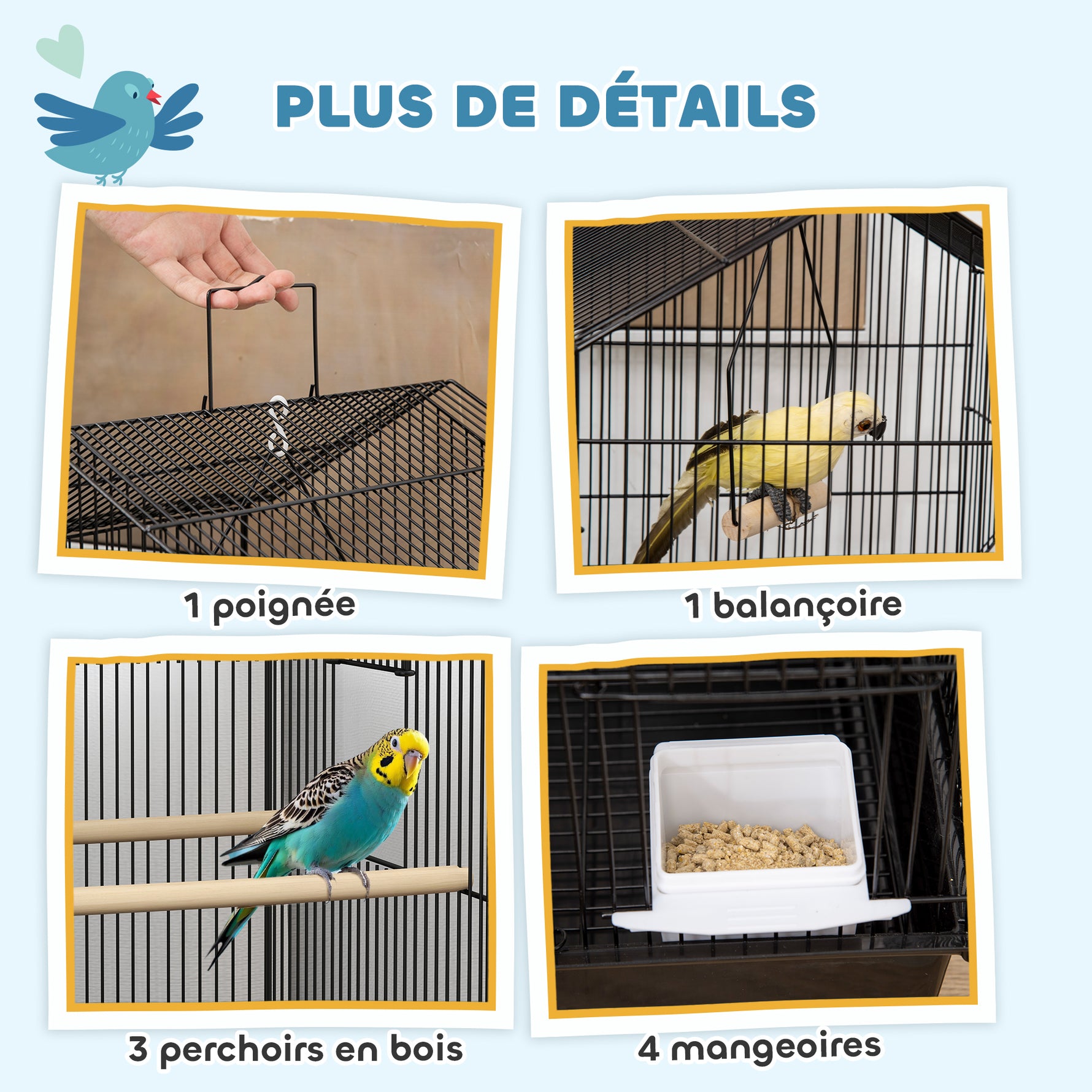 Cage à oiseaux volière avec balançoire poignée portable 4 mangeoires 3 perchoirs 50,5 x 41 x 104 cm en acier noir