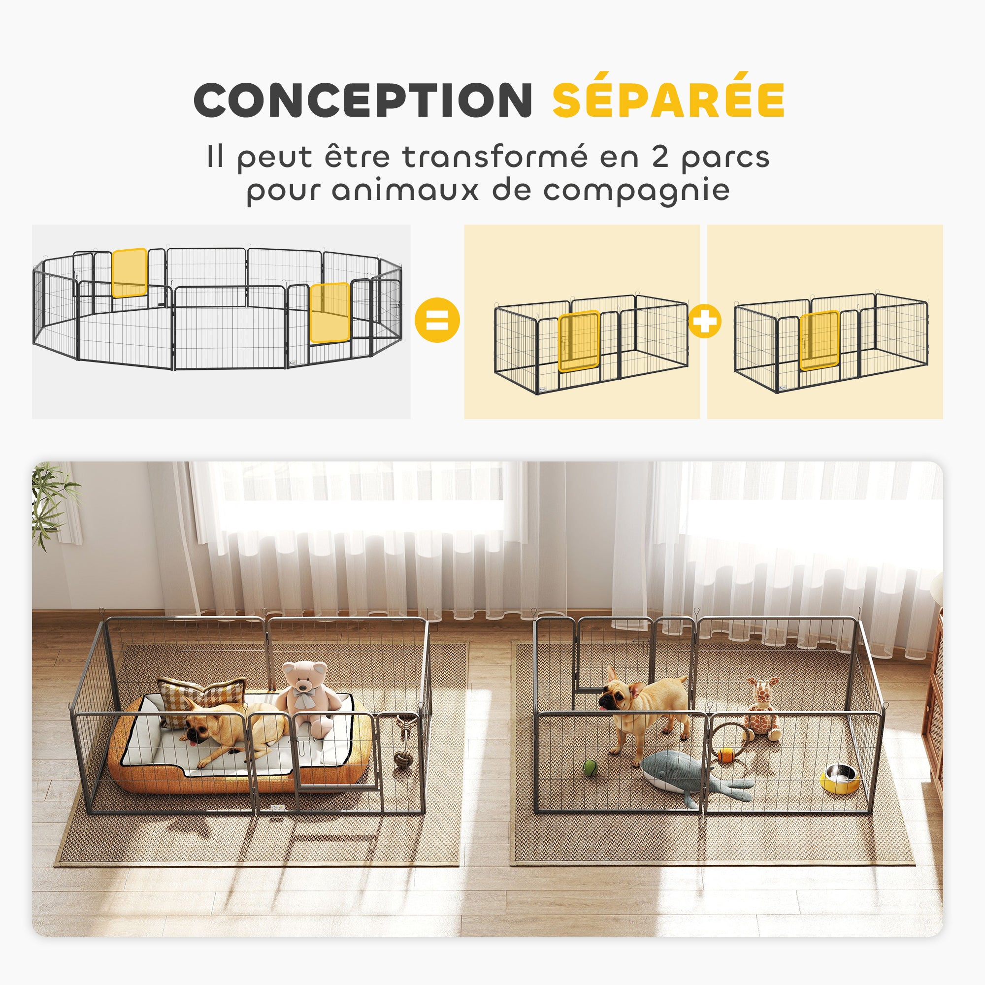 Parc pour chien, enclos chien 12 panneaux modulable et pliable, enclos portable en acier 60H cm avec porte, clôture pour chat, chiens de petit taille, intérieur et extérieur, gris