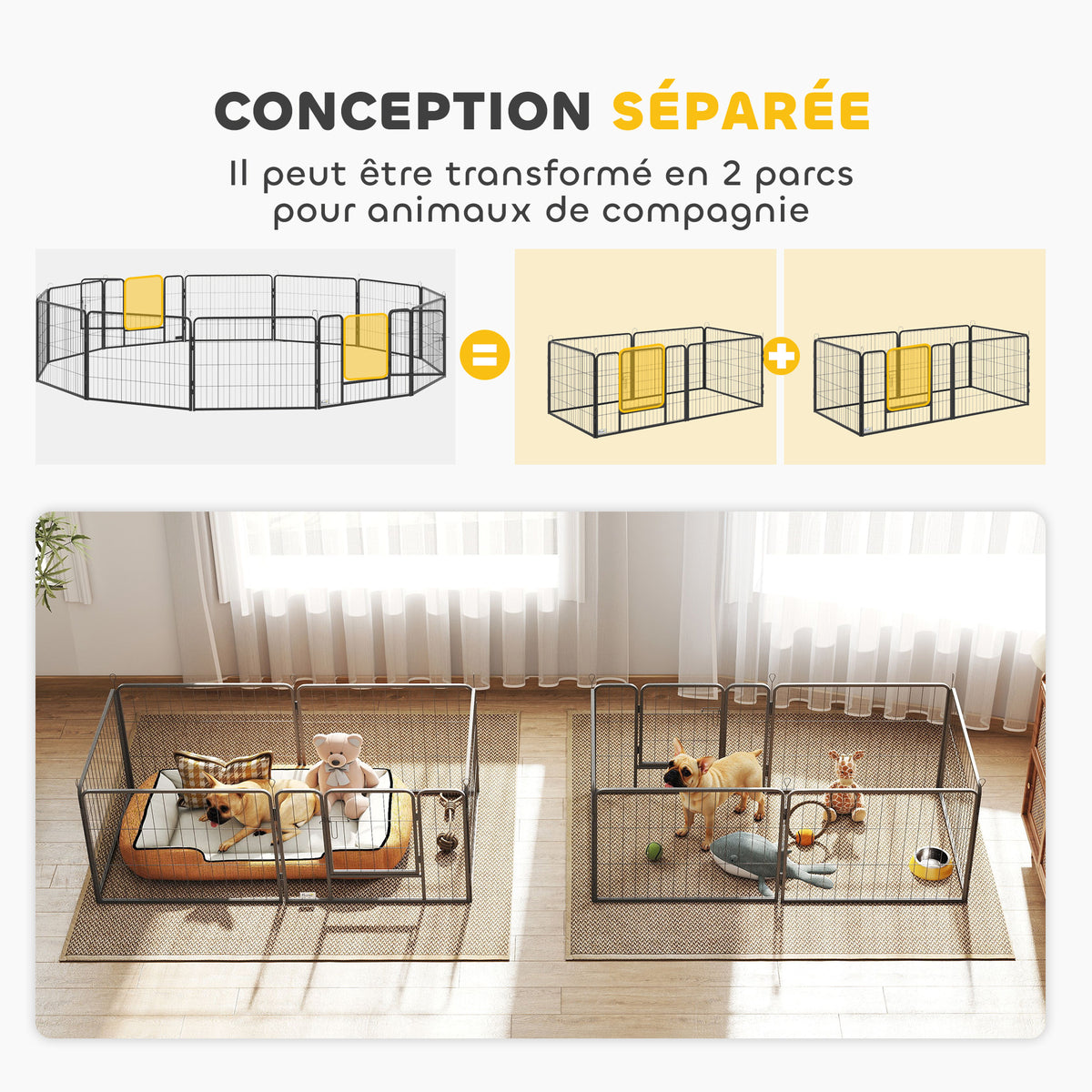 Parc pour chien, enclos chien 12 panneaux modulable et pliable, enclos portable en acier 60H cm avec porte, clôture pour chat, chiens de petit taille, intérieur et extérieur, gris