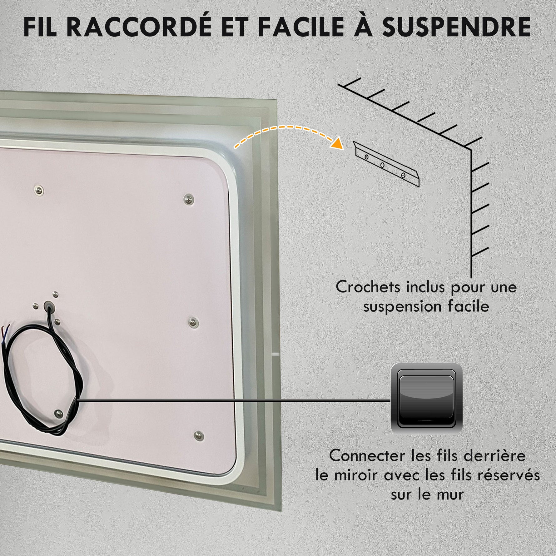 Miroir de salle de bain rectangulaire mural lumineux LED horizontal ou vertical, 100 x 60 cm