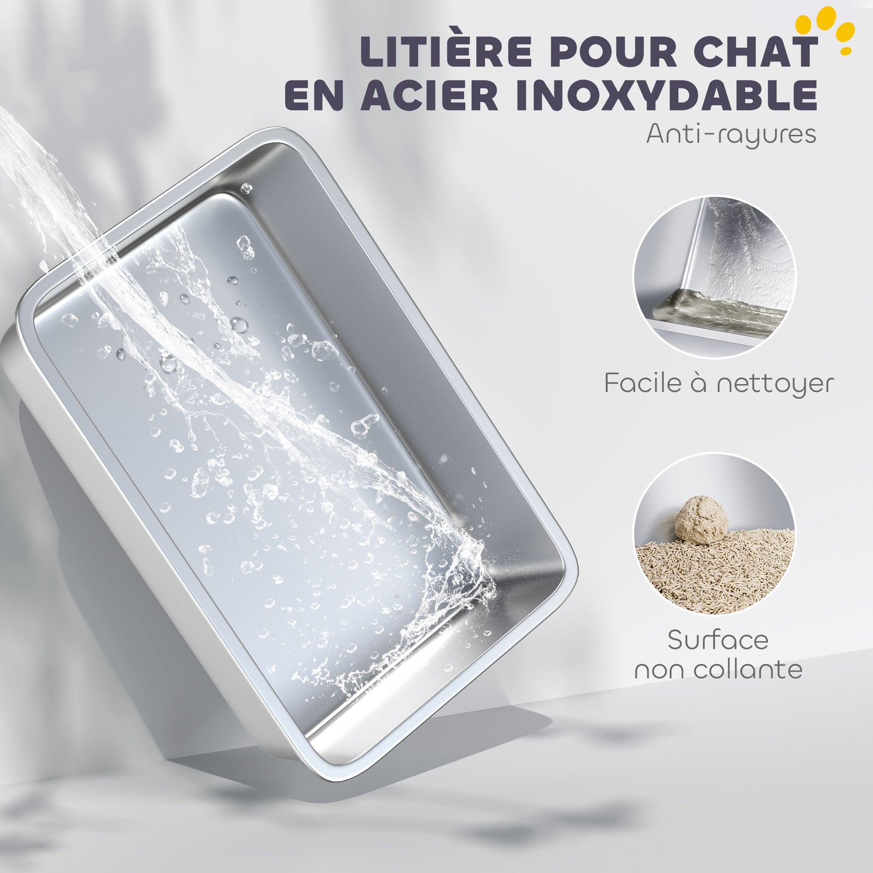 Bac à litière fermé XL en acier inoxydable, maison de toilette pour grand chat, 60,2 x 40,2 x 43,3 cm, gris clair