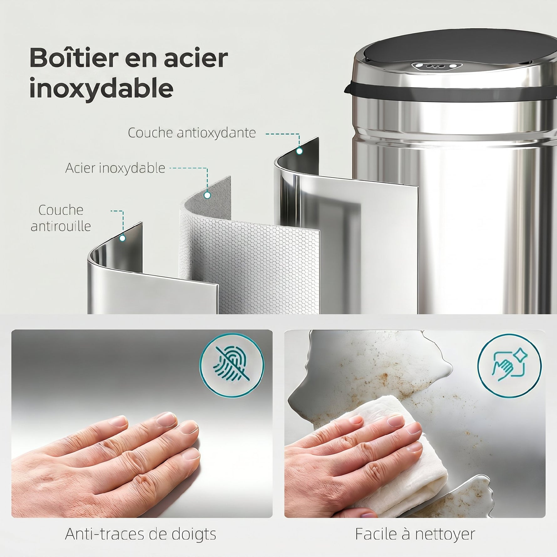 Poubelle à capteur de mouvement ouverture automatique 50 L en acier inoxydable noir et argent