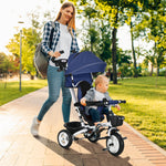 6-in-1-Dreirad für Kinder, Schiebegriff, wendbarer Sitz, Korb, Sonnendach, Sicherheitsgurt, 1-5 Jahre, Blau