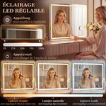 Miroir maquillage lumineux 80x60cm, miroir coiffeuse LED dimmable, lumière RGB, 3 températures de couleur, blanc