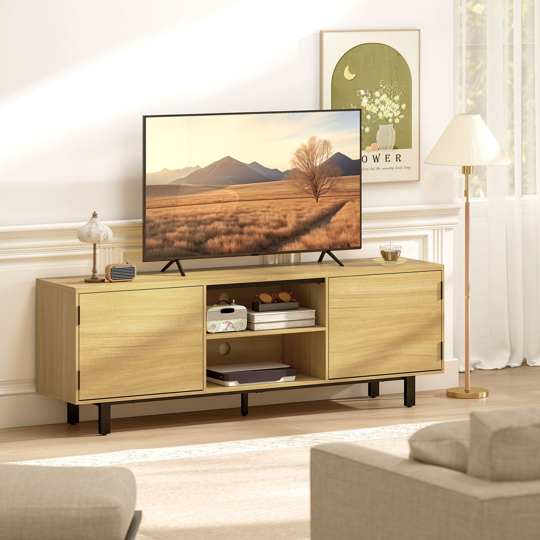 Meuble TV, meuble télé jusqu'à 65 pouces, 2 portes à ouverture par pression et 2 étagères, 160x35x55,5cm, bois naturel