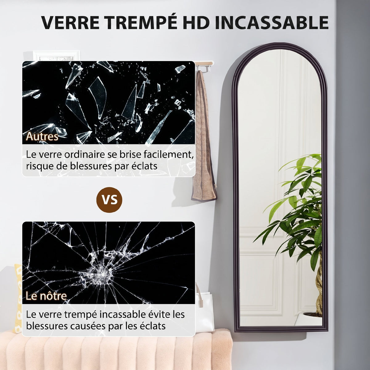 Miroir de sol arqué pleine longueur miroir sur pied cadre en effet imitation pierre pour salon chambre 53x163cm marron