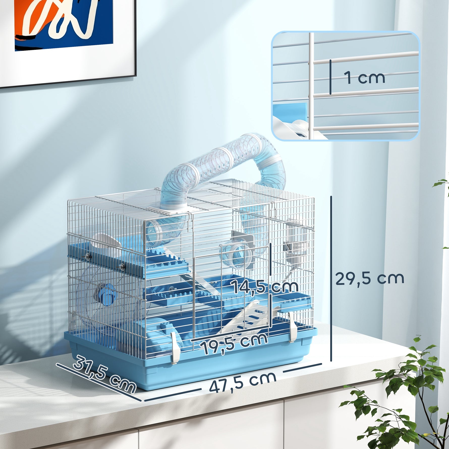 Cage pour hamster portable avec cabane, roue de course, gamelle, bouteille d'eau, 47,5 x 31,5 x 29,5 cm, bleu clair