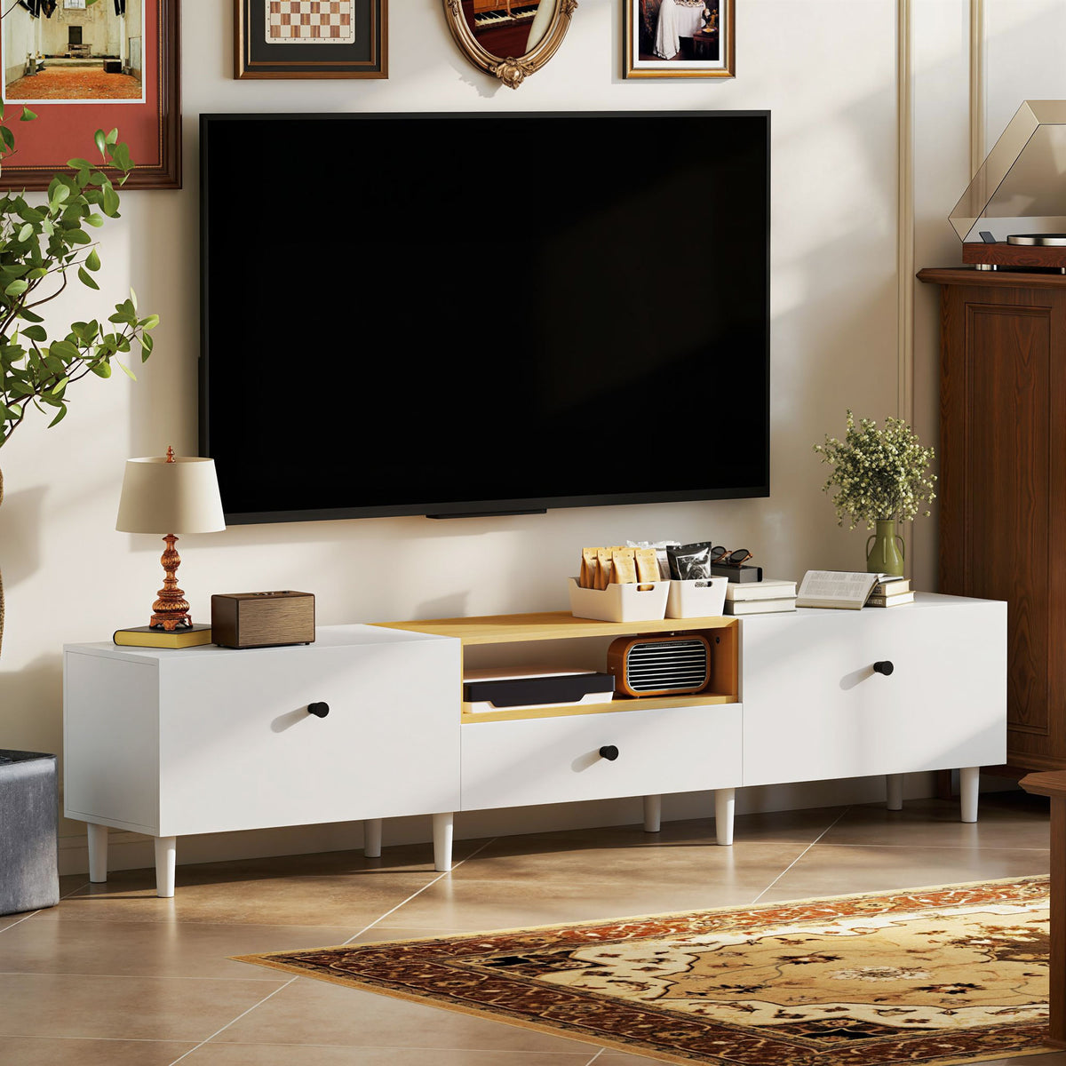 Meuble TV, meuble télé pour téléviseur jusqu'à 90 pouces avec 2 portes rabattables, tiroir, 200 x 35 x 45 cm, blanc