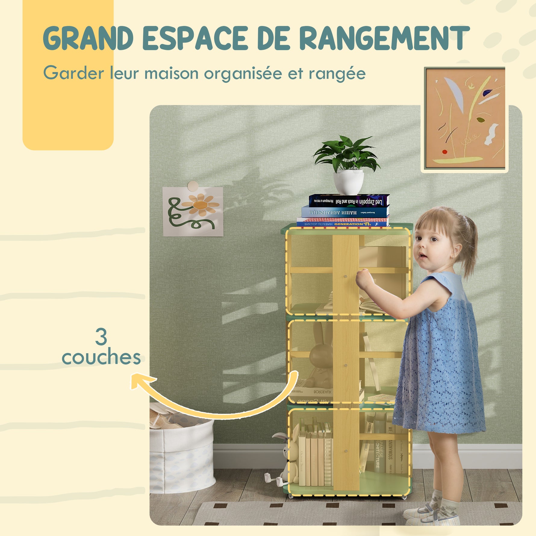 Bibliothèque enfant avec roulettes, rangement livre enfant 3 niveaux pour salle de jeux, chambre d'enfant, vert