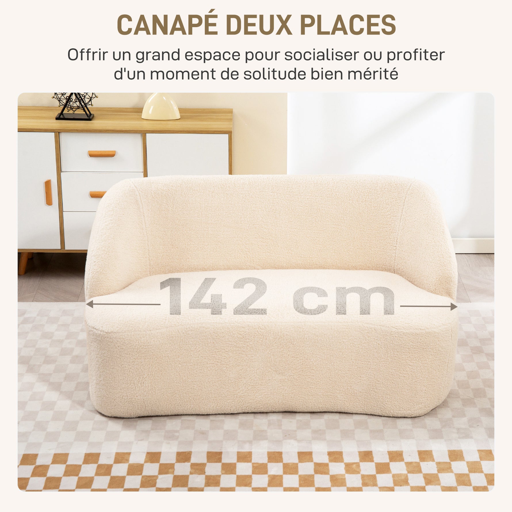 Canapé 2 places canapé en tissu bouclette 142 cm avec dossier et assise incurvés, aucun assemblage requis, beige