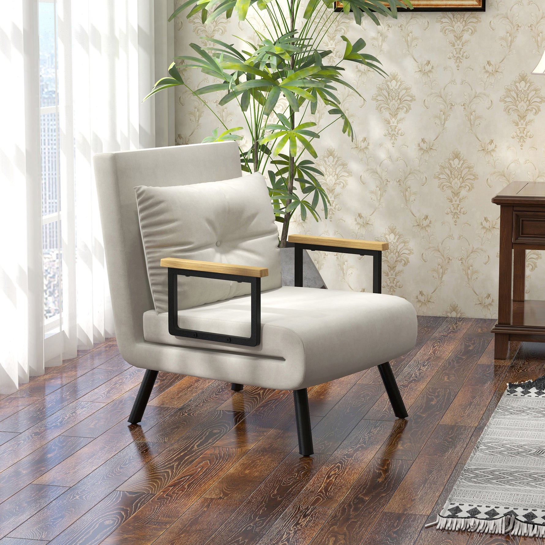 Fauteuil convertible 4 en 1 lit 1 place dossier 5 positions, accoudoirs en bois et coussin, tissu effet velours, crème