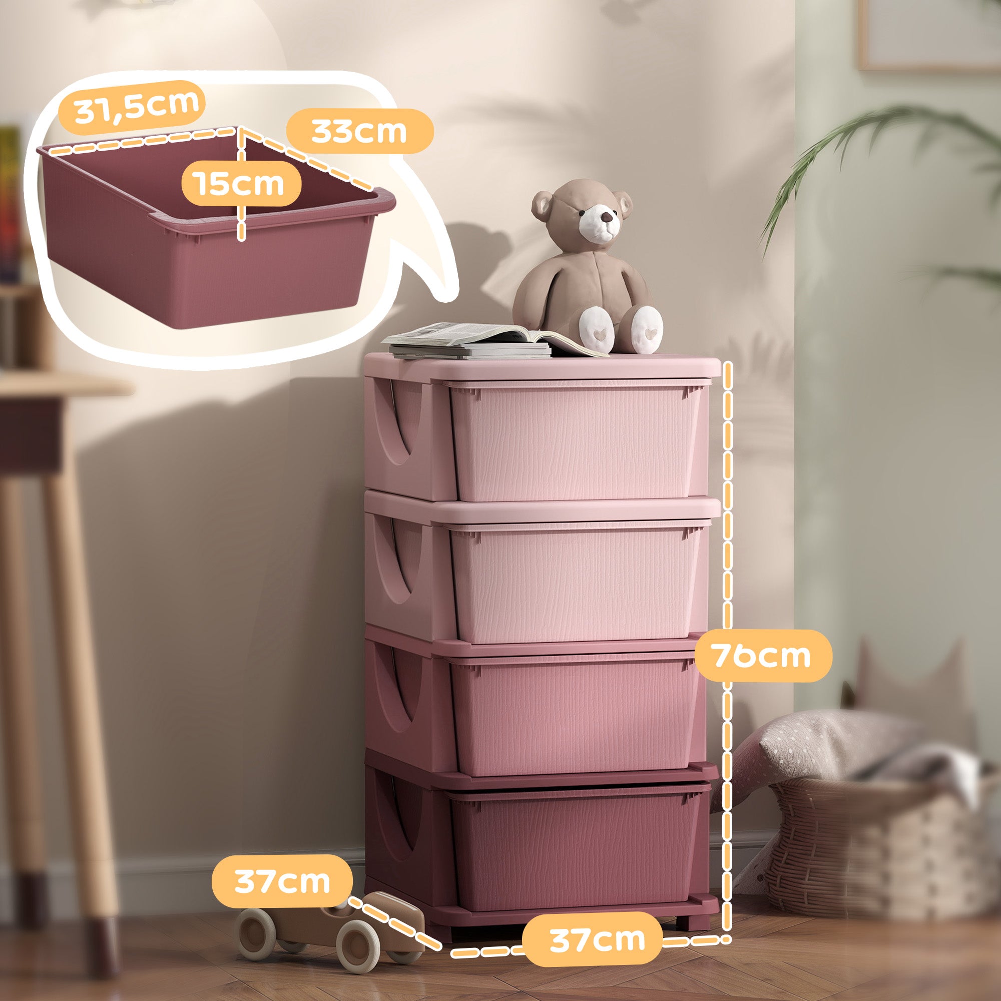 Organisateur de jouets pour enfants avec 4 tiroirs à 4 niveaux, boîtes de rangement en plastique, 37 x 37 x 76 cm, rose