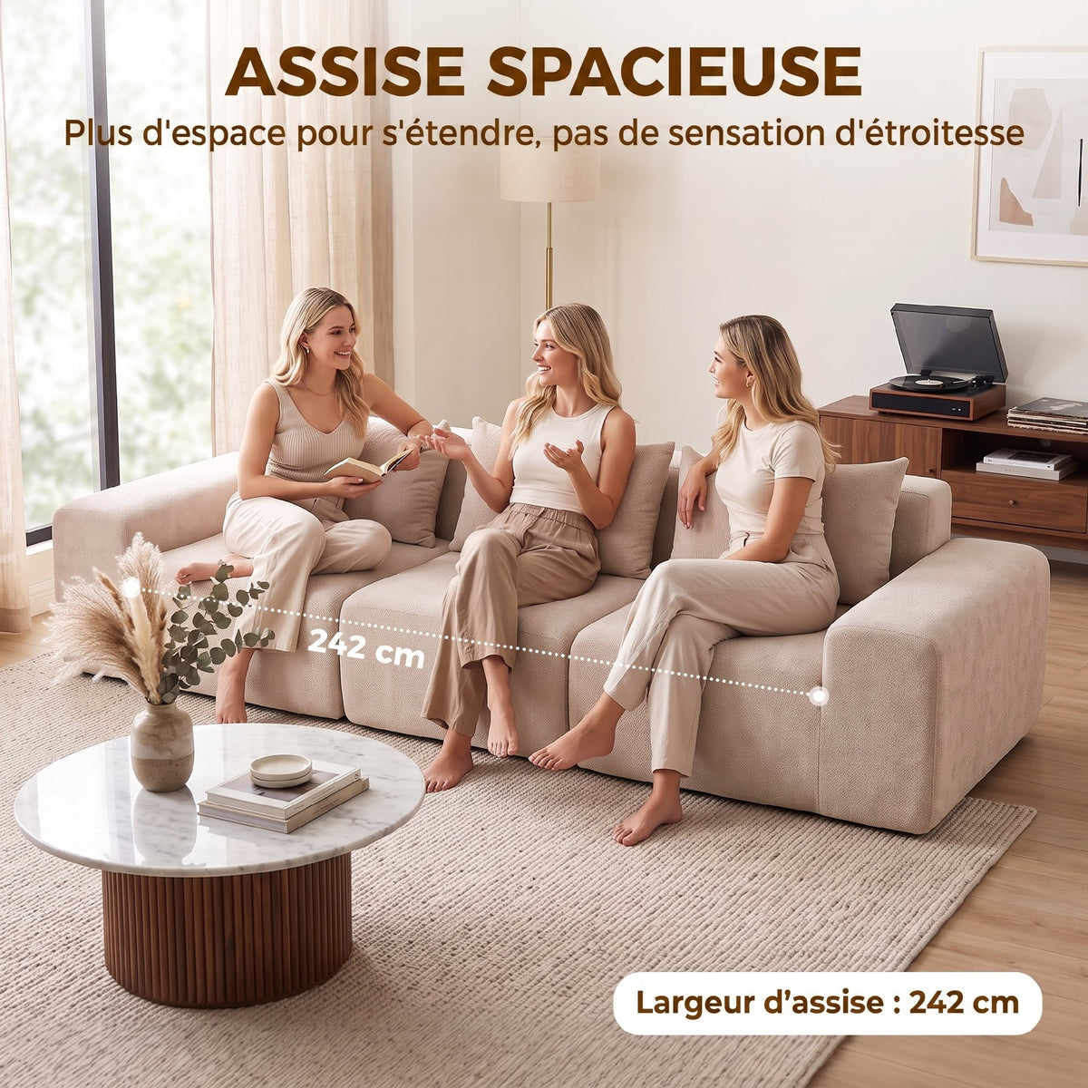 Canapé 3 Places en Chenille 320 cm, Canapé Modulaire, Assise et Accoudoirs Extra-Larges, Entièrement Compressé, Beige