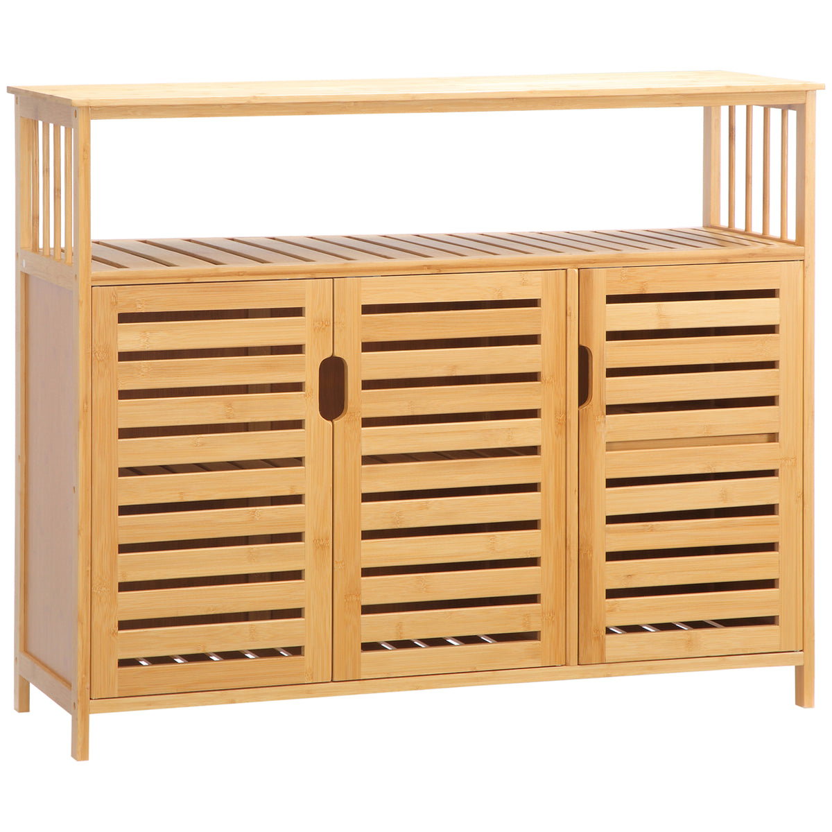 Buffet meuble de rangement 3 portes ajourées et étagères en bambou 100 x 35 x 82 cm naturel