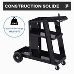 Chariot de soudage mobile à 3 niveaux avec 4 roues, porte-bouteille de gaz et chaînes de sécurité, charge 50 KG, noir