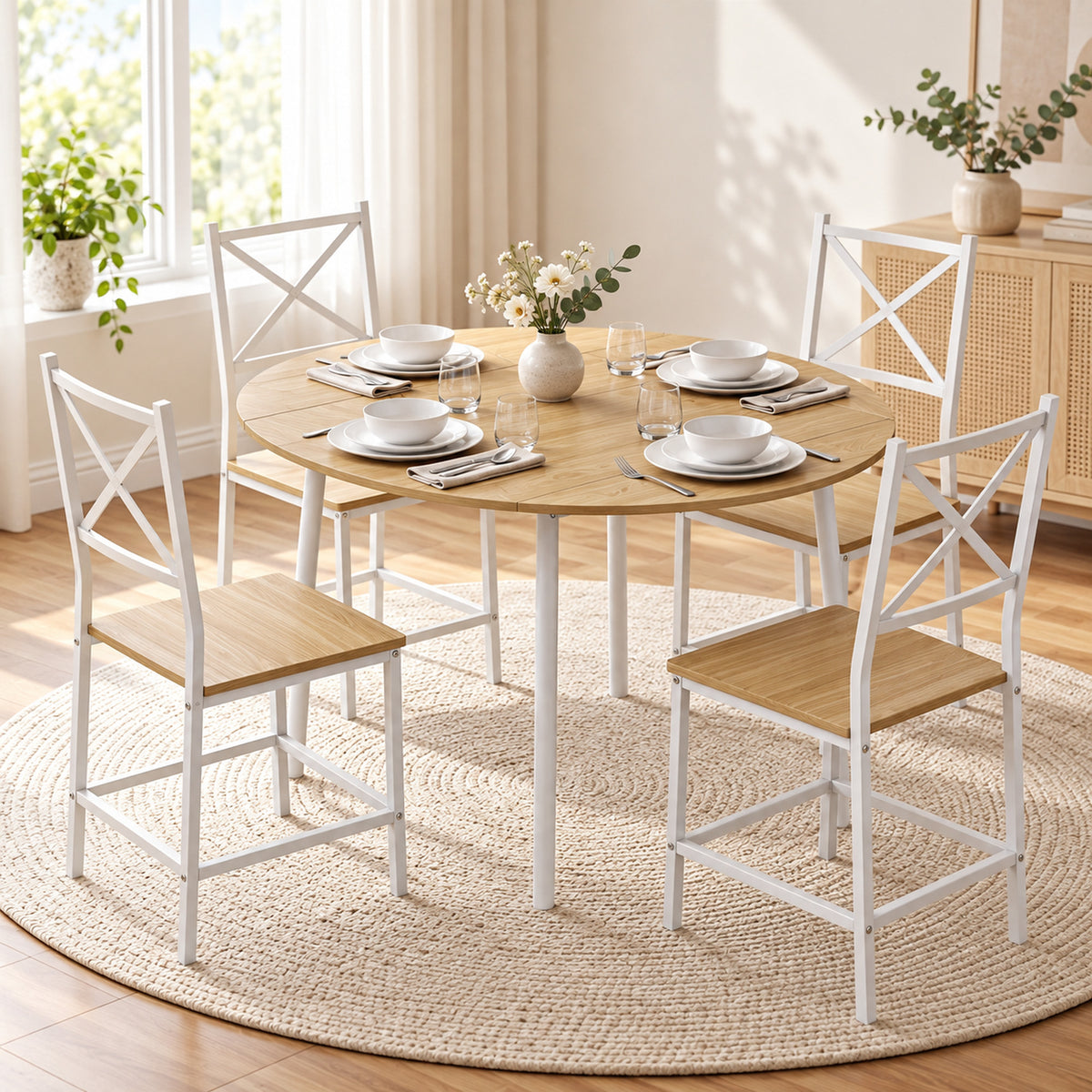 Set da pranzo con tavolo e 4 sedie per 4 persone, tavolo da cucina pieghevole da 105 cm, sedie impilabili, rovere