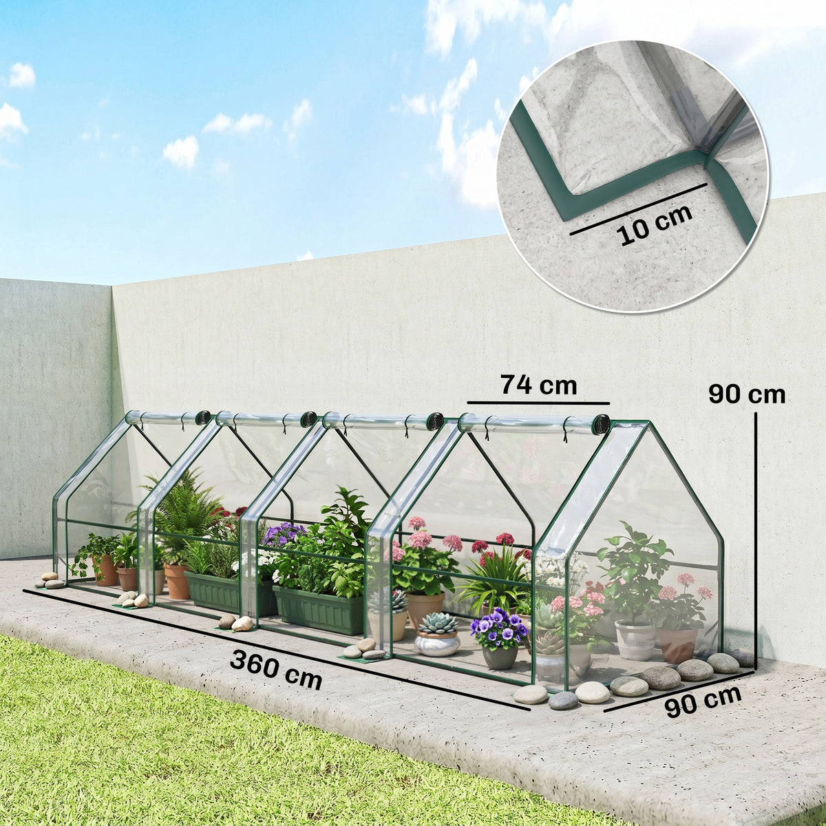 Mini Serre de Jardin mini serre tunnel 4 fenêtres avec Zip enroulables Acier PE 140 g/m² Anti-UV 360x90x90cm Transparent