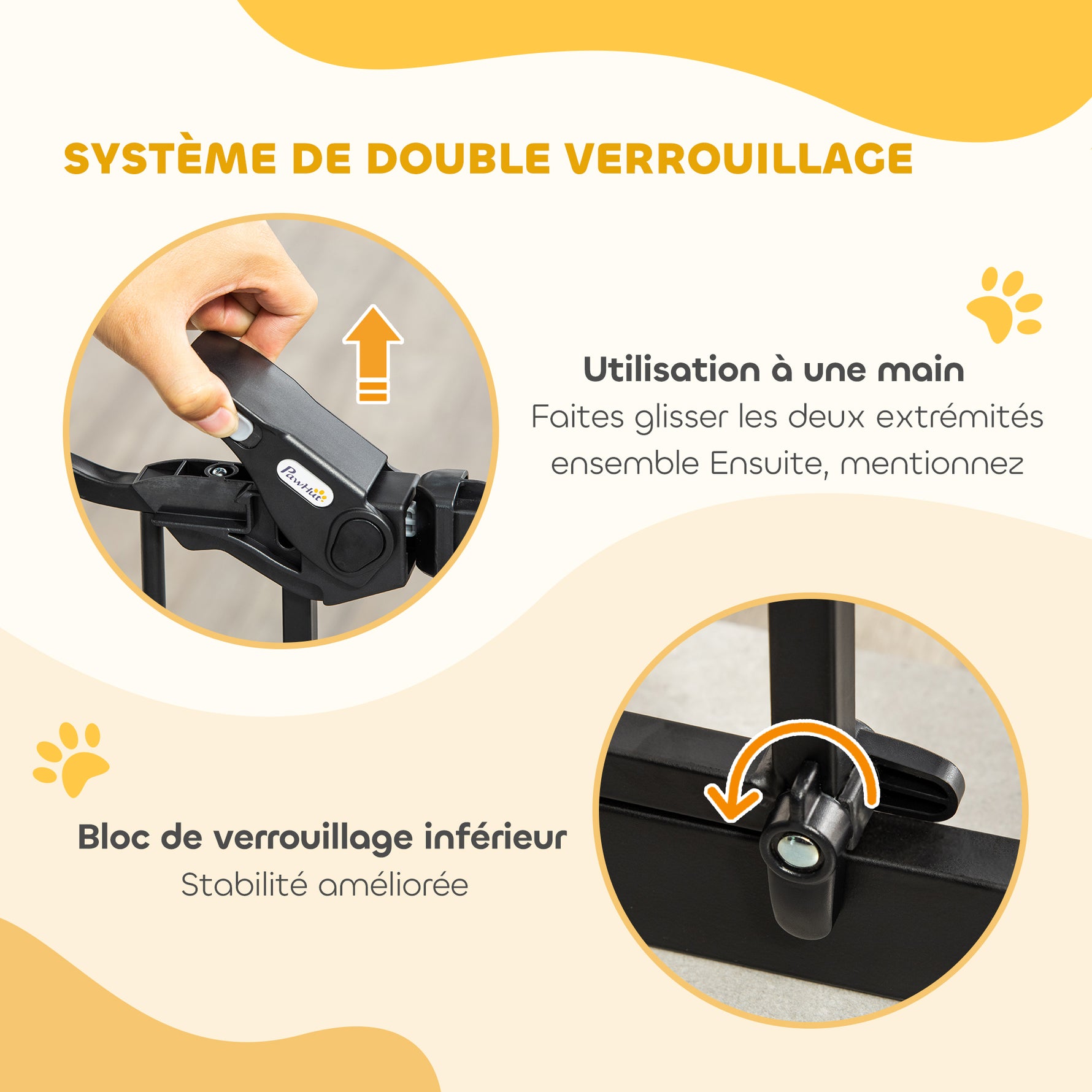 Barrière de sécurité animaux de 104H cm conception haute avec porte chat fermeture automatique système de double verrouillage sans percage de 74 à 80 cm acier noir