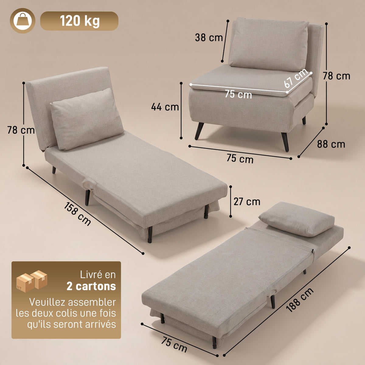 1-persoons slaapfauteuil, 3-in-1 slaapstoel met verstelbare rugleuning, kussen, brede zitting, lichtbruin