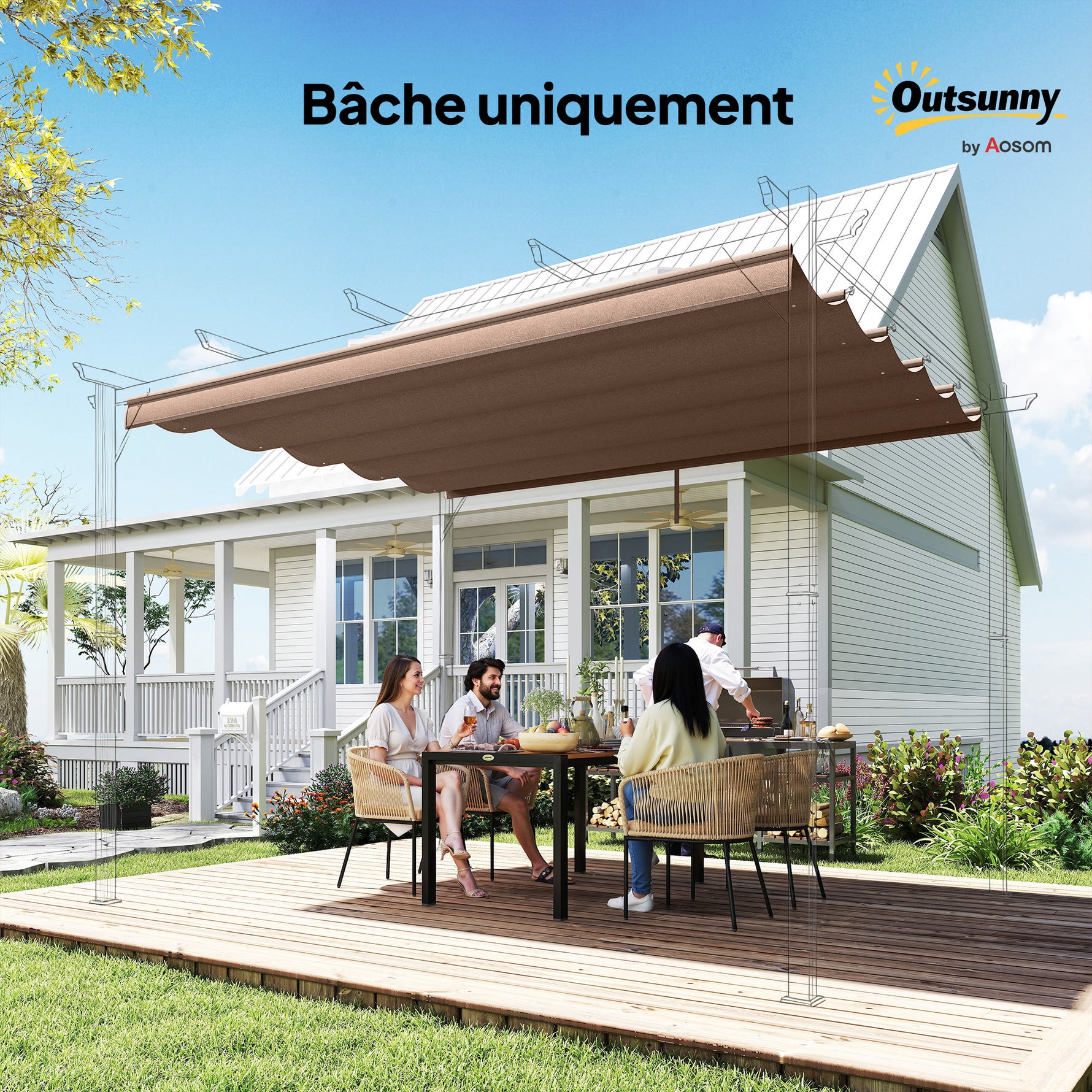 Toile de toit pour pergola tonnelle rétractable de 4 x 3 m - toile uniquement 350 x 260 cm café