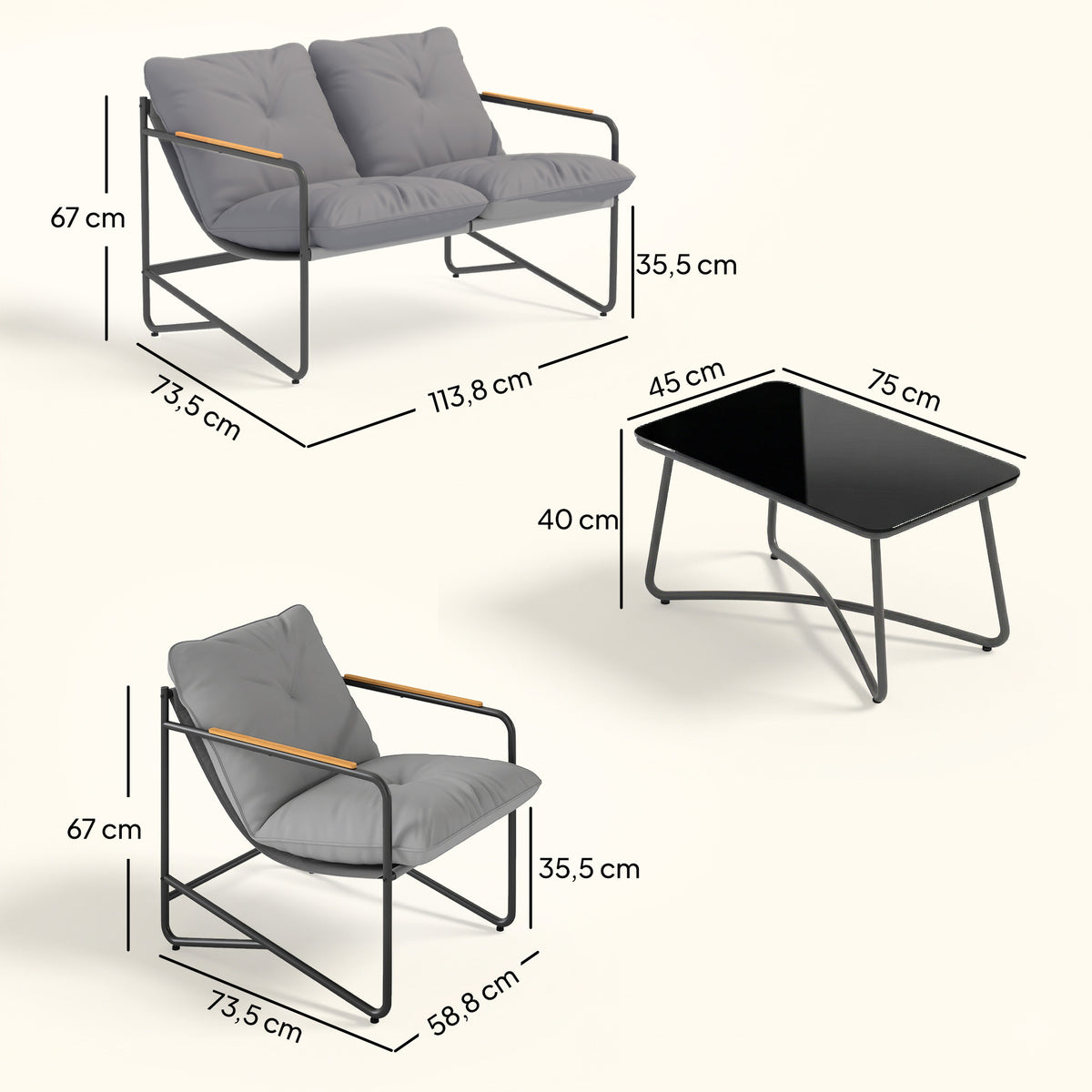 Set da giardino 4 pezzi con divano a 2 posti, 2 poltrone e tavolino in vetro temperato, cuscini da 13 cm, grigio chiaro