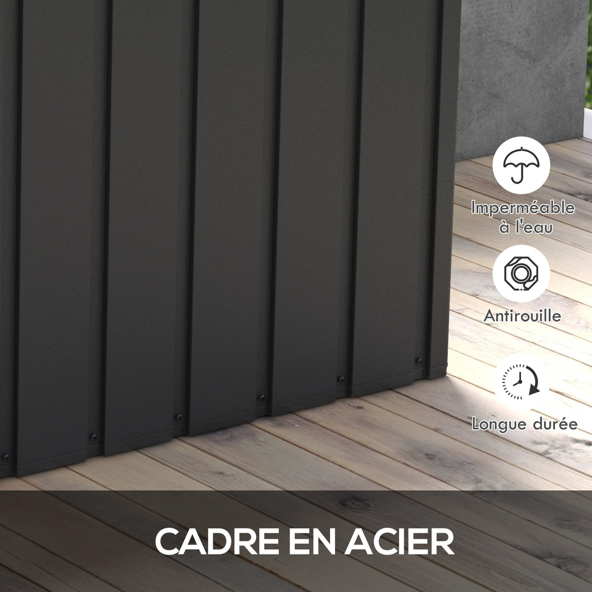 Coffre de rangement pour jardin 450L en métal avec vérin à gaz, roulettes et poignée - dim. 125,5L x 61,5l x 70H cm