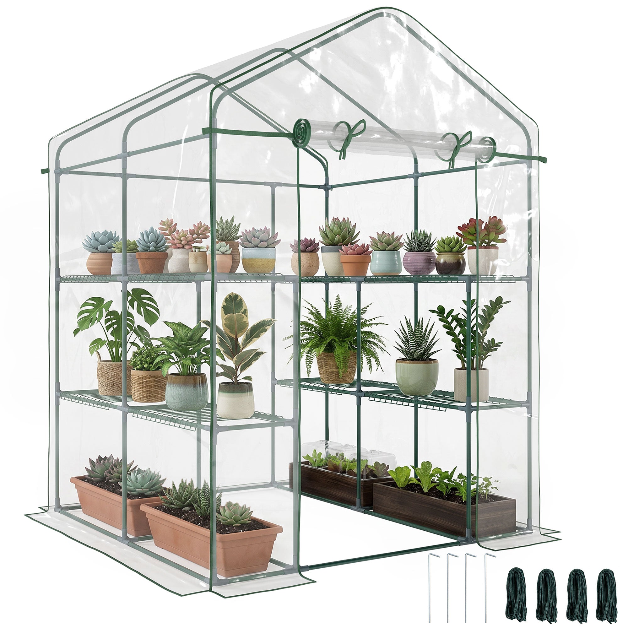 Serra da giardino con ripiani a 3 livelli, serra da balcone, telaio in acciaio, porta con cerniera avvolgibile, per verdure piante fiori, interno ed esterno, 143x143x195 cm, trasparente