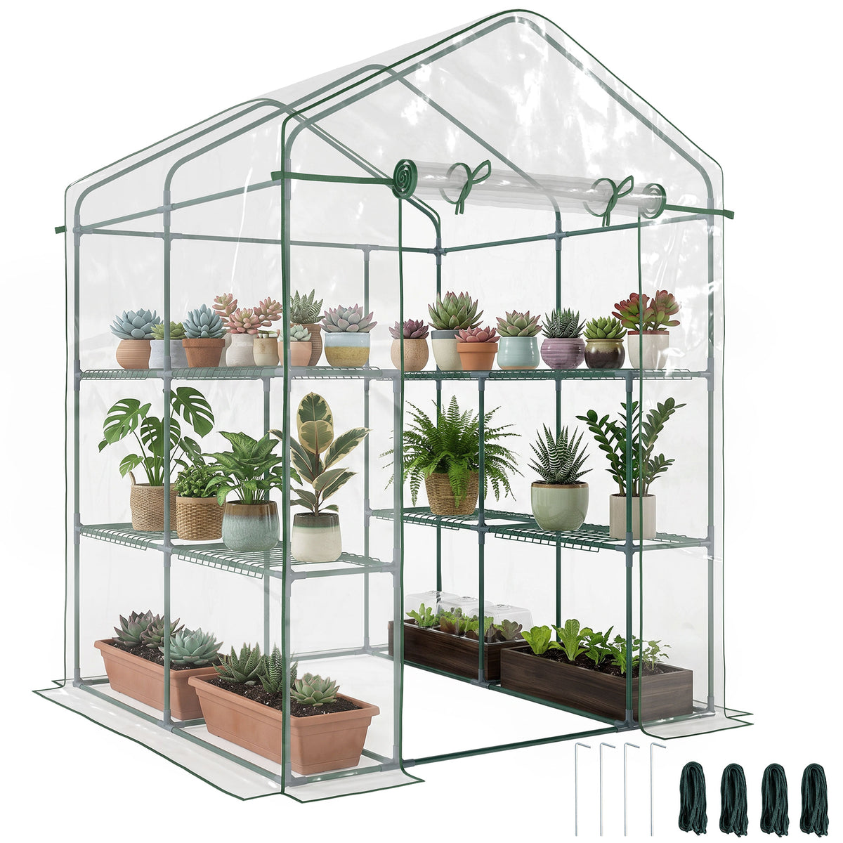 Serre de jardin avec étagères 3 niveaux, serre de balcon, châssis en acier, porte zippée enroulable, pour légumes plantes fleurs, intérieur et extérieur, 143x143x195cm, transparent