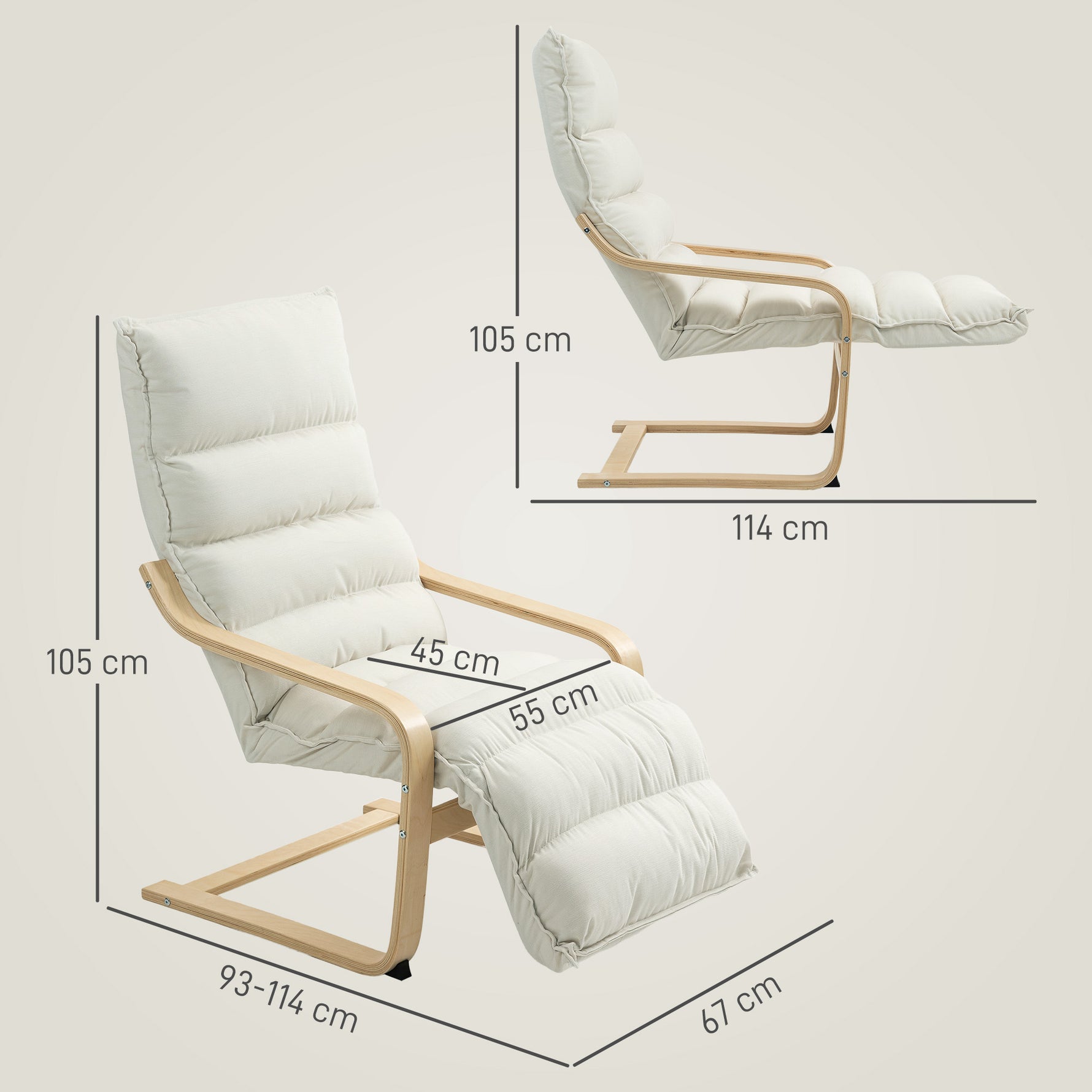 Fauteuil salon, fauteuil d'appoint rembourré en velours, repose-pieds réglable et structure en acier, 67x93x105cm, crème