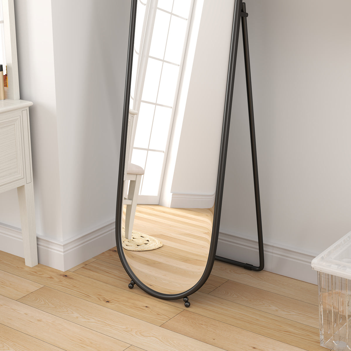 Grand miroir sur pied, miroir ovale, cadre en métal noir, avec support pour entrée, chambre, dressing, 40 x 160 cm