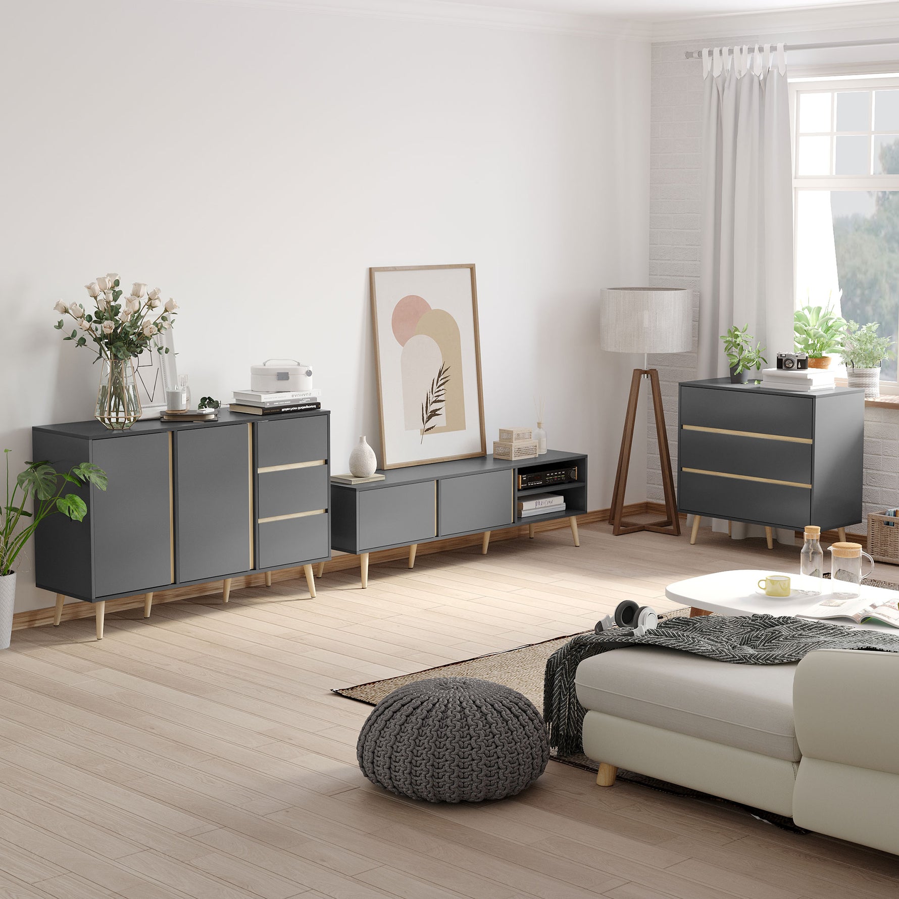 Buffet bas meuble de rangement sur pieds style scandinave 2 portes 3 tiroirs 120 x 40 x 80 cm gris anthracite