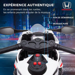 Moto Électrique Enfants sous Licence HONDA 6 V, 3 Km/h, Musique & Lumière, 2 Roues d'Entraînement, Blanc