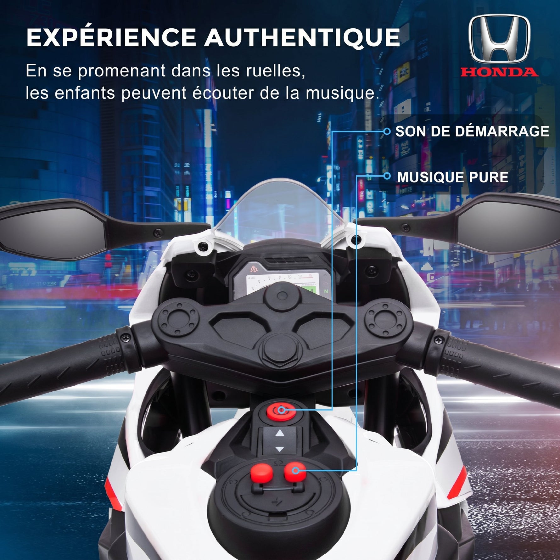 Moto Électrique Enfants sous Licence HONDA 6 V, 3 Km/h, Musique & Lumière, 2 Roues d'Entraînement, Blanc