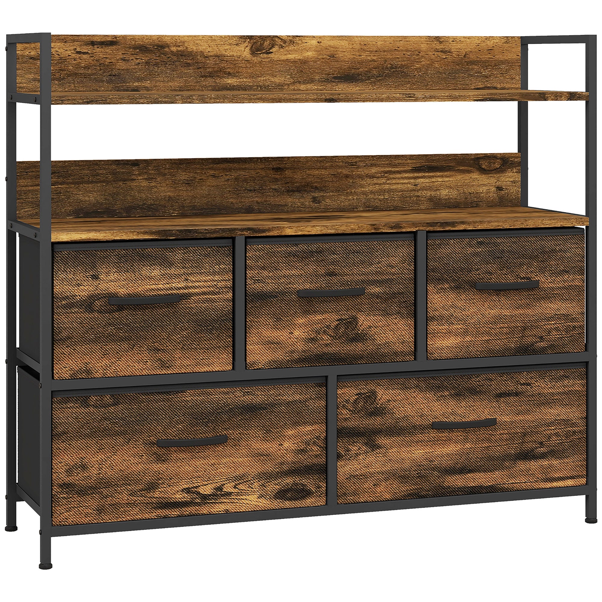 Commode, meuble de rangement, 5 tiroirs en tissu pliables et amovibles et étagères, 98 x 29 x 85 cm, brun rustique-0
