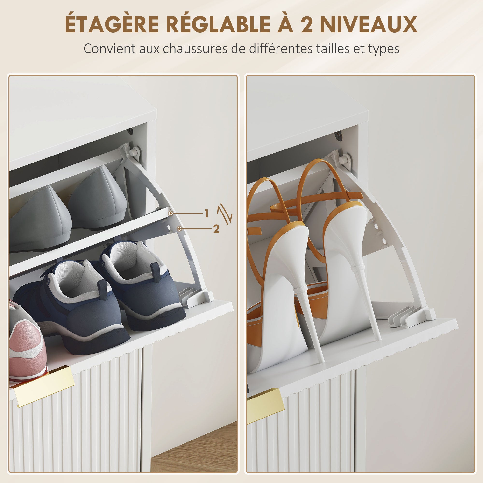 Meuble à chaussures 20 paires avec 4 tiroirs rabattables, portes cannelées et étagères réglables, 105x24x91,5cm, blanc