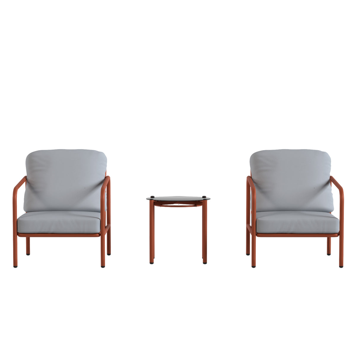 Conjunto de Jardín de 3 Piezas, 2 Sillones, 1 Mesa de Centro, Cojines Gruesos, Tablero de Vidrio Templado, 63x77x76cm, Rojo Vino