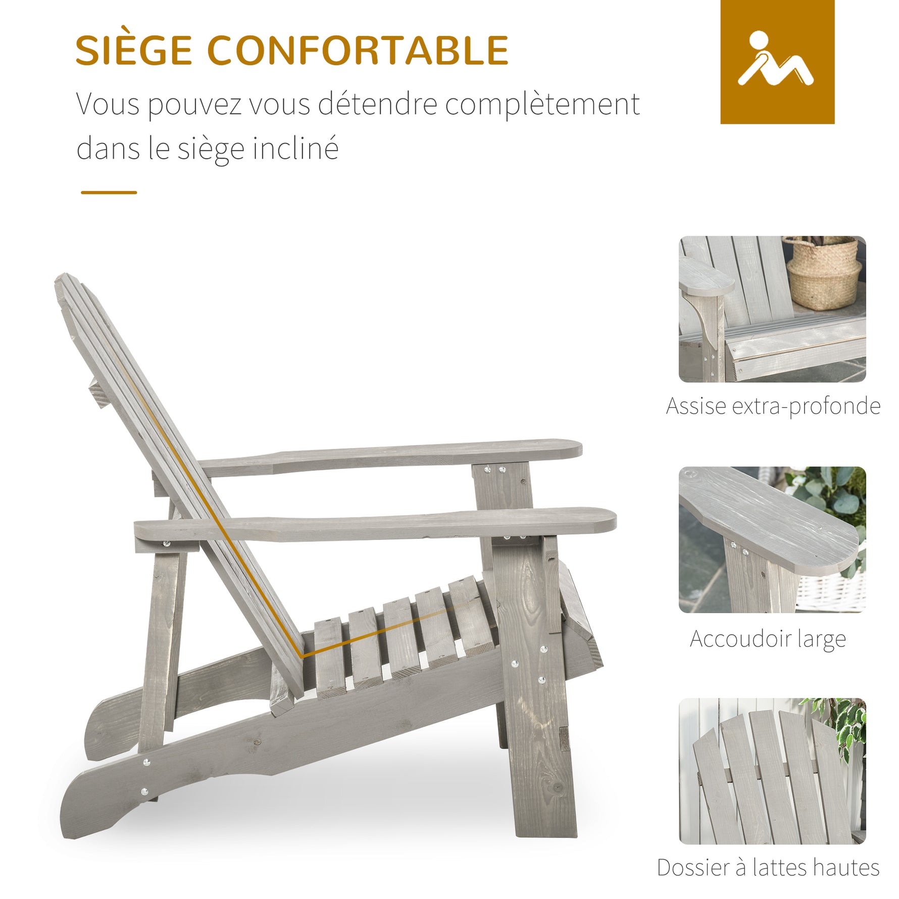Fauteuil adirondack Fauteuil de Jardin Chaise de Jardin de Plein Air dim. 78L x 89P x 88H cm Bois Massif Sapin