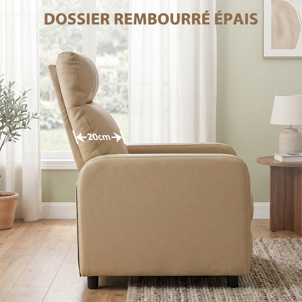 Fauteuil Relax Inclinable, Fauteuil de Relaxation en PU avec Repose-Pieds, Dossier Réglable par Poussée, Beige