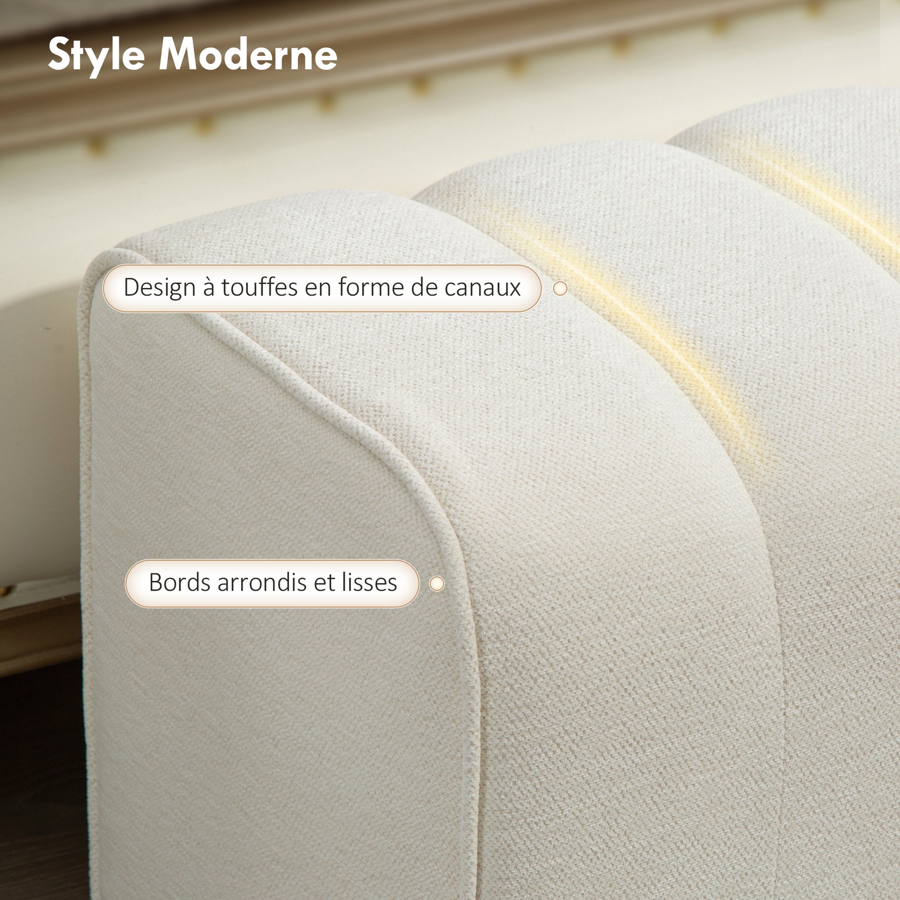 Banc bout de lit, banquette rembourrée, style moderne, ottoman en tissu aspect lin, 110 x 40 x 44 cm, crème