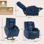 Fauteuil Releveur Électrique Massage Vibration et Chaleur, Fauteuil Relax Électrique en Velours, Dossier Inclinable Bleu