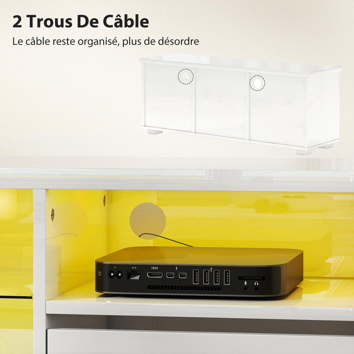Meuble TV 120 cm, meuble télé pour téléviseur jusqu'à 55 pouces éclairage LED et télécommande étagères en verre blanc