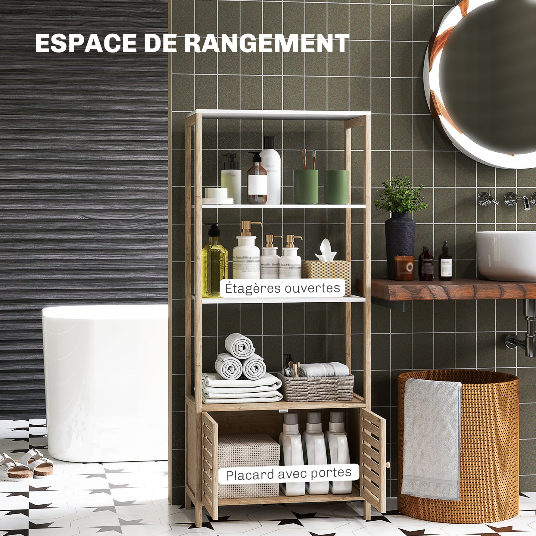 Colonne de salle de bain armoire de rangement en bambou 3 étagères 1 placard 63 x 30 x 138 cm bois naturel et blanc